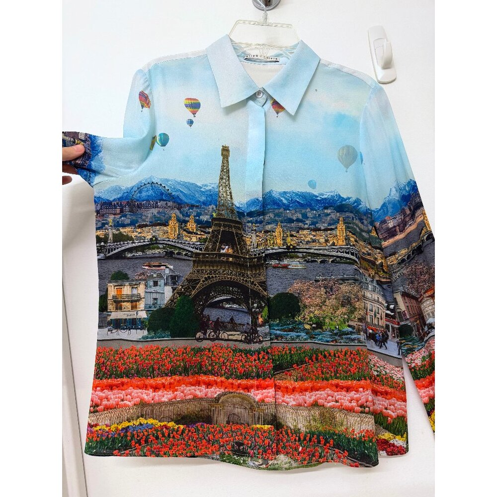 Alice + Olivia Willa Eiffel Tower Emily in Paris Shirt Blouse Silk Floral XS - Picture 6 of 16